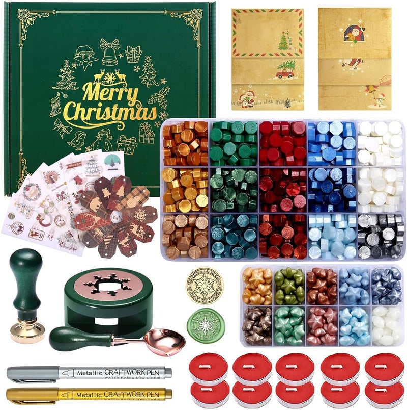 Comealltime Christmas Wax Seal Kit with Snow Sealing Stamp, 25 Colors Sealing Beads Beginner's Set with Warmer, Xmas Washi Stickers, Envelope, Candle, Wax Seal Stamp Kit for Gift and Craft - Image 1